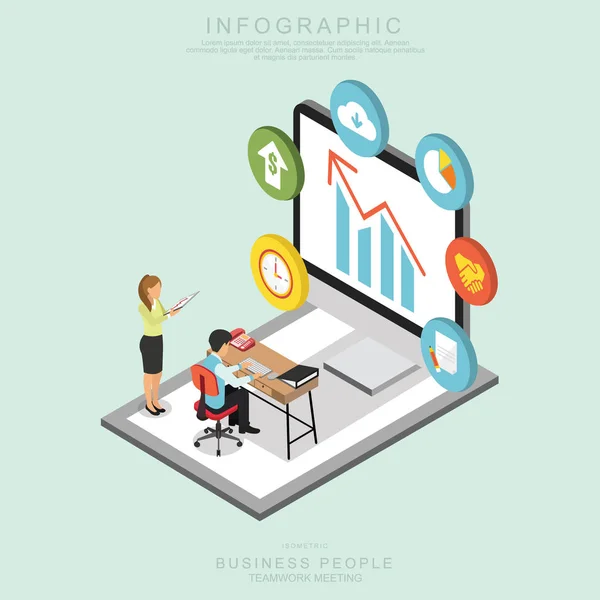 Izometrikus Emberek Csapatmunka Megbeszélésre Hivatalban Megosztani Ötlet Infographic Vector Design — Stock Vector