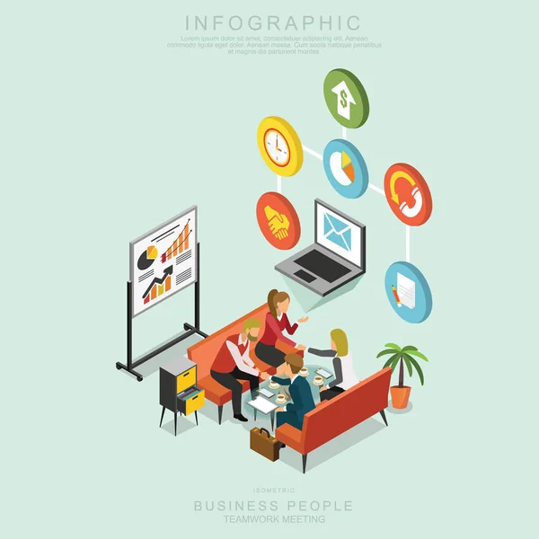 Isométrica Business People Trabalho Equipe Reunião Escritório Compartilhar Ideia Infográfico — Vetor de Stock
