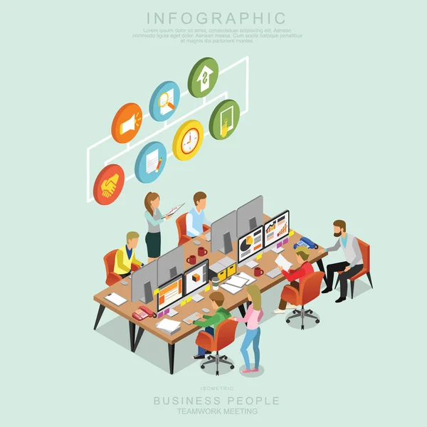 Isometrische Geschäftsleute Teamwork Treffen Büro Teilen Idee Infografik Vektor Design — Stockvektor