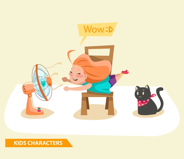 Niños Niñas Jugando Con Ventilador Gato Personajes Diseño — Archivo Imágenes Vectoriales