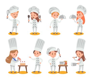 Mutlu çocuklar yemek ve mutfak vektör tasarımında eğleniyor