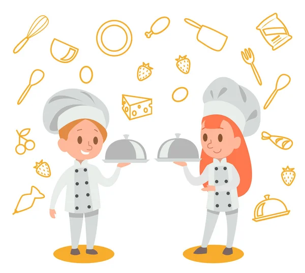 Щасливі Діти Готують Розважаються Кухні Векторний Дизайн No4 — стоковий вектор