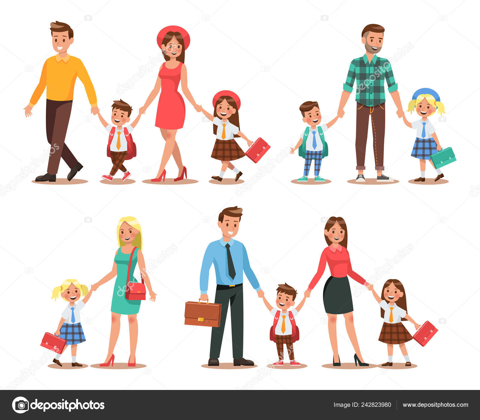 Family Lifestyle Parents Take Children School Morning Happy Kids School Vector Image By C Yindee Vector Stock