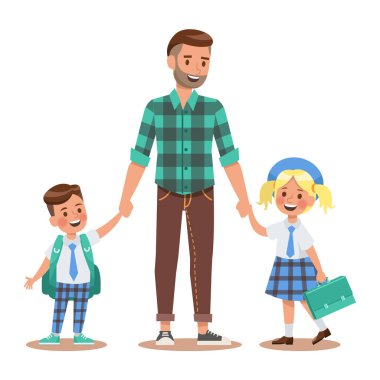 Aile yaşam tarzı. Ebeveynler çocuklarını okula sabah almak. Mutlu çocuklar okula gidiyorum. No.5