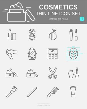 Kozmetik vektör hat simgeler kümesi. Ayna, ruj, parfüm, losyon ve daha fazlasını içerir. 50 x 50 piksel.