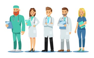 Doktorlar karakter kümesi. Tıbbi takım kavramı vektör çizim tasarım.