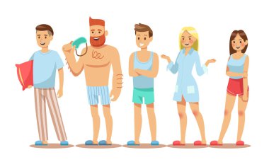 İnsanlar karakter kümesi pijama giyiyorum. Yatmadan önce mutlu erkek ve kız pijama yastık ve gözbağı ile. Vektör çizim tasarım.