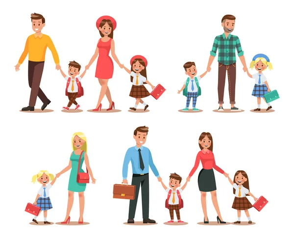 Aile yaşam tarzı. Ebeveynler çocuklarını okula sabah almak. Mutlu çocuklar okula gitmek.