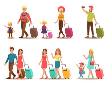 Aile yaşam tarzı. Seyahat zamanı. Mutlu aile seyahat gidin. Vektör çizim tasarım.