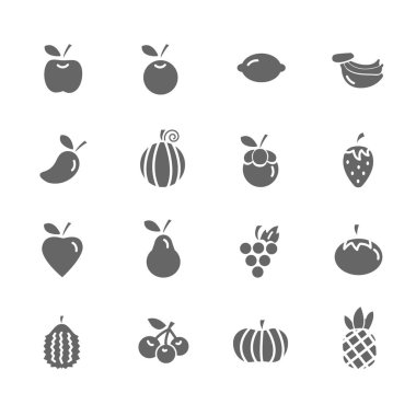 Meyve vektör simgeler kümesi. Ananas, portakal, çilek, elma ve daha fazlasını içerir. 