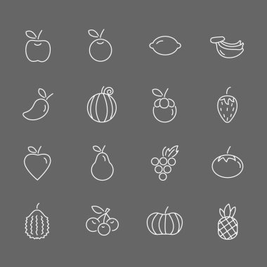 Meyve vektör hat simgeler kümesi. Ananas, portakal, çilek, elma ve daha fazlasını içerir. Gri arka planda.
