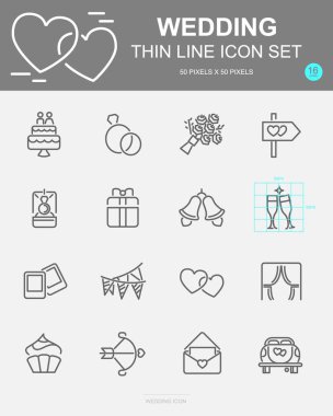 Düğün vektör hat simgeler kümesi. Gül, yüzük, pasta, içki ve daha fazlasını içerir. 50 x 50 piksel.