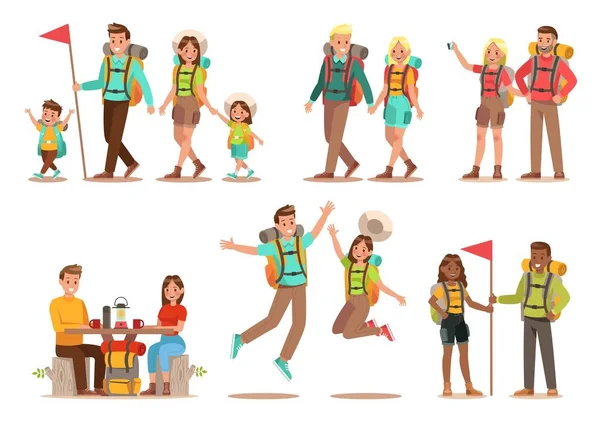 Aile yaşam tarzı. Seyahat zamanı. Mutlu aile kamp için gidin. Vektör çizim tasarım.