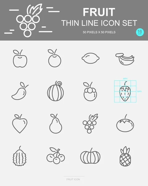 Conjunto Iconos Línea Vectorial Frutas Incluye Piña Naranja Fresa Manzana — Vector de stock