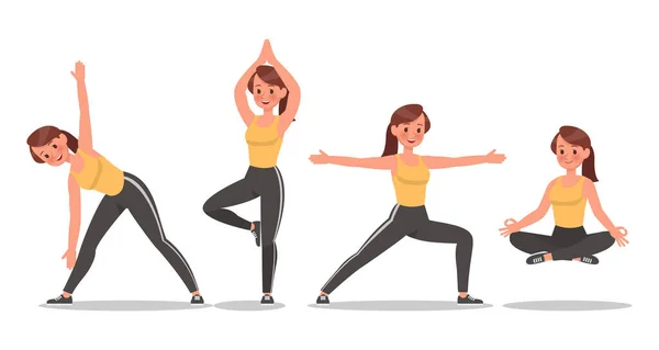 Fitness kadını yoga karakter vektör tasarımı yapıyor. Sağlıklı yaşam tarzı