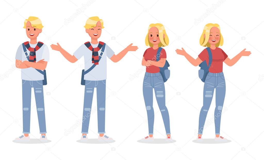 Vector set of students young man and young woman character design.