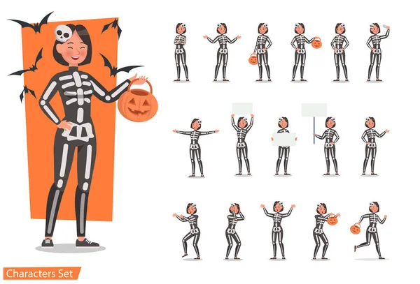 Costumi Scheletro Halloween Con Disegno Vettoriale Del Personaggio Della Zucca — Vettoriale Stock