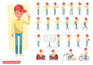 Bir grup erkek karakter vektör tasarımı. Duygularla sunum, koşmak, ayakta durmak, yürümek ve çalışmak. 3 numara.