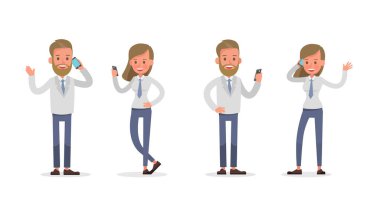 İş adamı ve İş kadını karakter tasarımı seti. Duygularla ve çalışmayla çeşitli eylemlerde sunum. 19 numara.