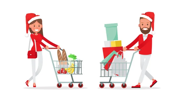 Compras Hombres Mujeres Personajes Diseño Vectores Compras Navidad — Vector de stock