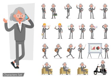 İş adamı karakter vektör dizaynı farklı jestler yapıyor. Duygularla sunum, koşmak, ayakta durmak, yürümek ve çalışmak. 3 numara.