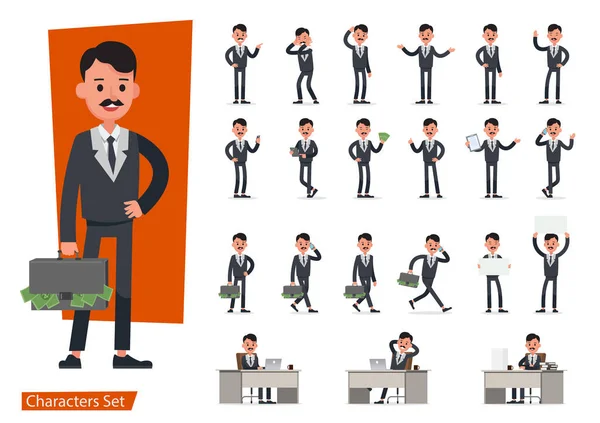 Set Businessman Character Vector Design Doing Different Gestures Presentation Various — Stock Vector