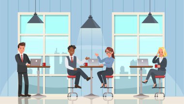 İş adamları ofis karakter vektör tasarımında çalışıyor ve buluşuyorlar