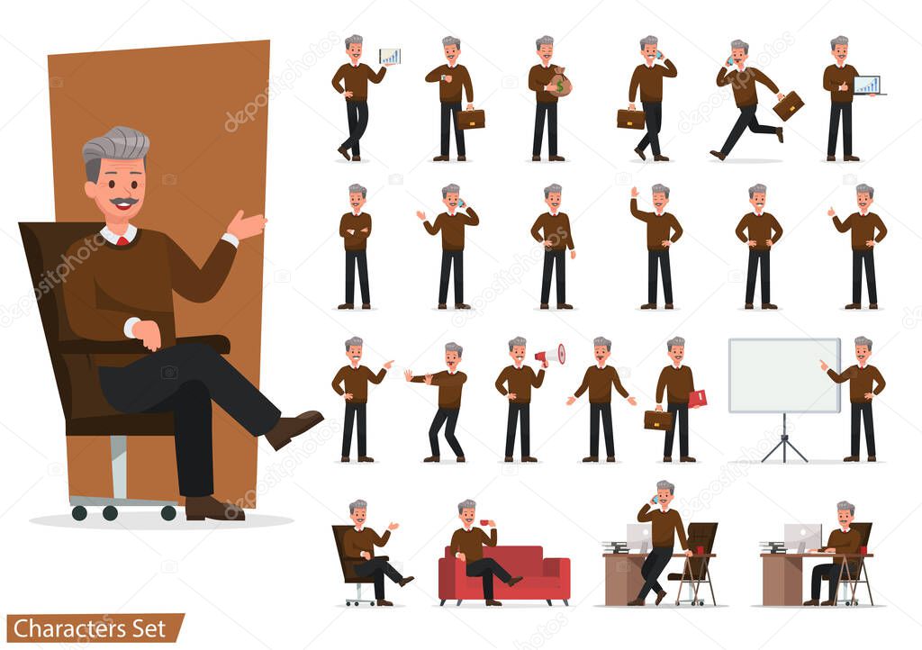 Set of Businessman character vector design doing different gestures. Presentation in various action with emotions, running, standing, walking and working. no7