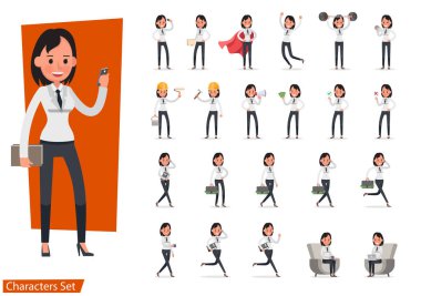 İş kadını karakter vektör tasarımı seti farklı jestler yapıyor. Duygularla sunum, koşmak, ayakta durmak, yürümek ve çalışmak. 3 numara.