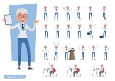 İş kadını seti farklı jestler gösteriyor karakter vektör tasarımı. 7 numara.