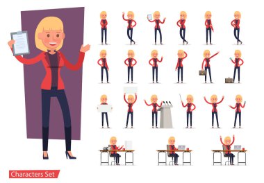 Ofis çalışanı kadın karakter vektör dizaynı. Duygularla sunum, koşmak, ayakta durmak, yürümek ve çalışmak. 3 numara.