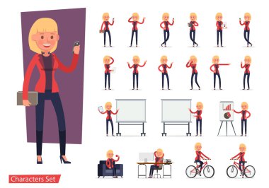 Ofis çalışanı kadın karakter vektör dizaynı. Duygular, koşma, ayakta durma, yürüme ve çalışma ile çeşitli eylemlerde sunum.