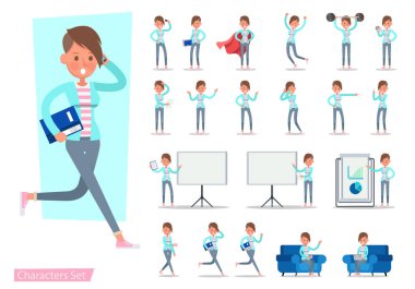 Ofis çalışanı kadın karakter vektör dizaynı. Duygularla sunum, koşmak, ayakta durmak, yürümek ve çalışmak. 4 numara.