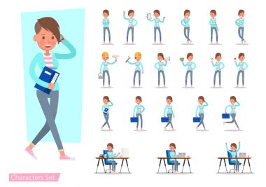 Ofis çalışanı kadın karakter vektör dizaynı. Duygularla sunum, koşmak, ayakta durmak, yürümek ve çalışmak. 5 numara.