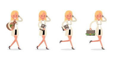 Ofiste çalışan iş kadını ve farklı pozlar 3 numaralı karakter vektörü tasarımı