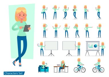 Ofis çalışanı kadın karakter vektör dizaynı. Duygularla sunum, koşmak, ayakta durmak, yürümek ve çalışmak. 7 numara.