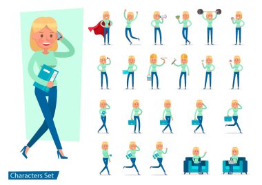 Ofis çalışanı kadın karakter vektör dizaynı. Duygularla sunum, koşmak, ayakta durmak, yürümek ve çalışmak. 8 numara.