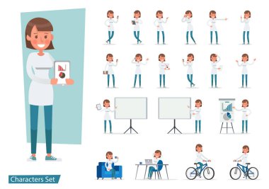 Ofis çalışanı kadın karakter vektör dizaynı. Duygularla sunum, koşmak, ayakta durmak, yürümek ve çalışmak. 10 numara.