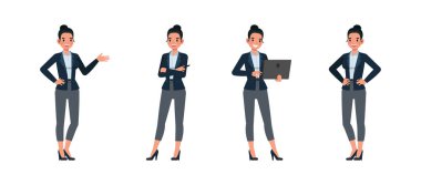 Ofiste çalışan iş kadını vektör çizim seti. Çeşitli eylemlerde sunum. Kadınlar koyu mavi takım giyer..