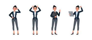 Ofiste çalışan iş kadını vektör çizim seti. Çeşitli eylemlerde sunum. Kadınlar koyu mavi takım giyer..