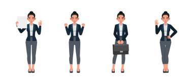 Ofiste çalışan iş kadını vektör çizim seti. Çeşitli eylemlerde sunum. Kadınlar koyu mavi takım giyer..