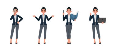 Ofiste çalışan iş kadını vektör çizim seti. Çeşitli eylemlerde sunum. Kadınlar koyu mavi takım giyer..