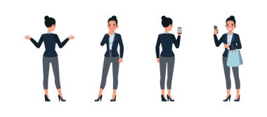 Ofiste çalışan iş kadını vektör çizim seti. Çeşitli eylemlerde sunum. Kadınlar koyu mavi takım giyer..