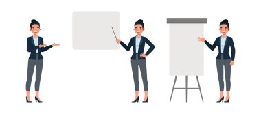 Ofiste çalışan iş kadını vektör çizim seti. Çeşitli eylemlerde sunum. Kadınlar koyu mavi takım giyer..