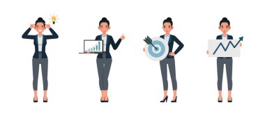 Ofiste çalışan iş kadını vektör çizim seti. Çeşitli eylemlerde sunum. Kadınlar koyu mavi takım giyer..