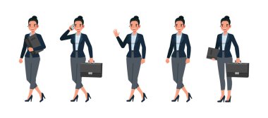 Ofiste çalışan iş kadını vektör çizim seti. Çeşitli eylemlerde sunum. Kadınlar koyu mavi takım giyer..