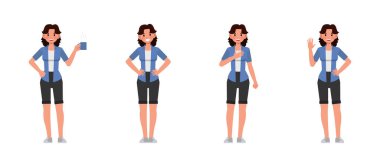 Kadın mavi gömlekli karakter tasarımı çizimi seti giyiyor. Çeşitli eylemde sunum.