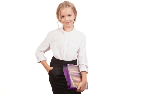 Menina Escola Isolado Branco Criança Uniforme Com Material Escolar Sorrindo — Fotografia de Stock