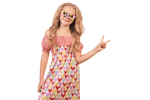 Happy Little Girl Glasses Dress Hearts Showing Peace Sign Isolated — Stock Photo, Image