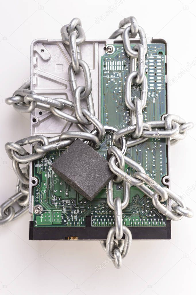 chained hard drive and lock isolated on white background